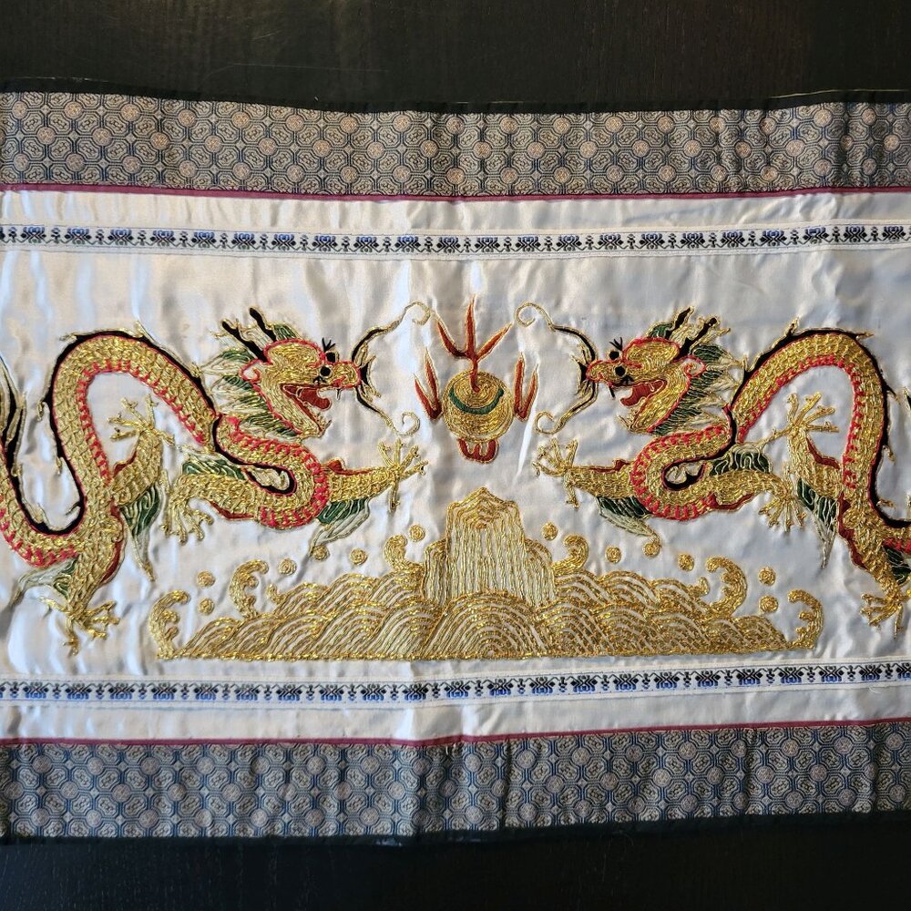 Embroidered Chinese Dragon Panel Mixed Fabric Metallic Gold Thread VTG Textile